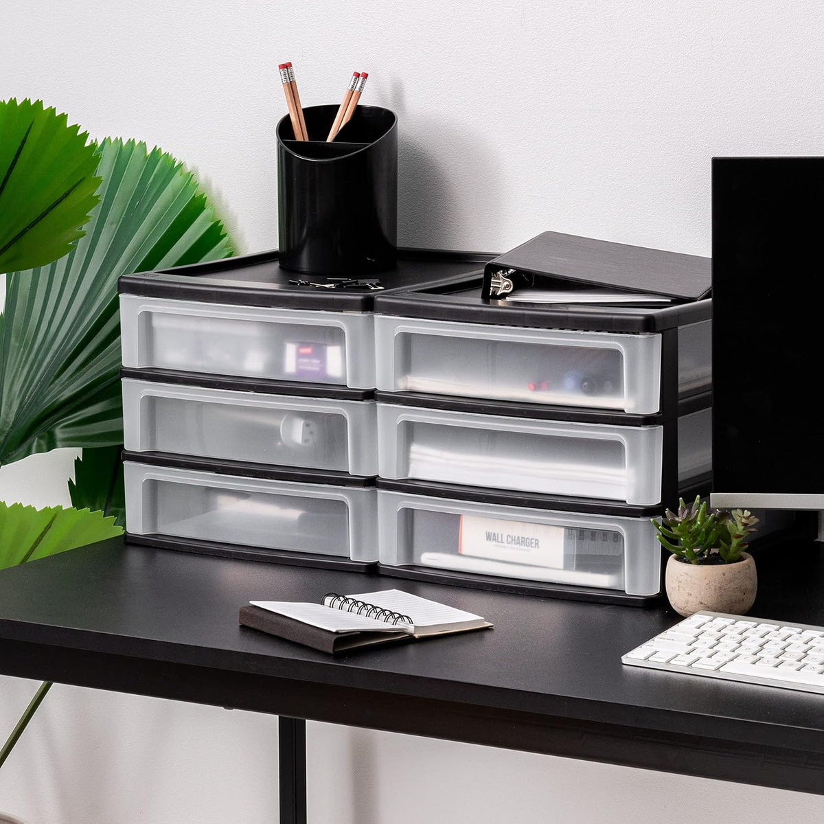iris usa 2-pack, 3-drawer medium plastic stacking desktop on a desk or shelf