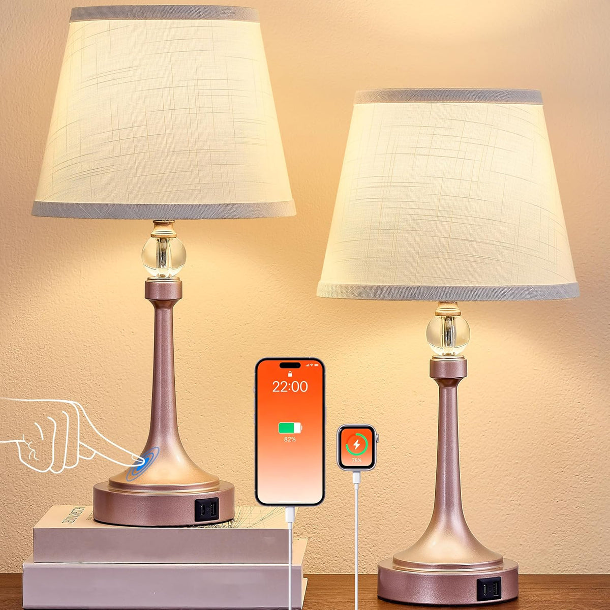 Touch Table Lamp Set of 2 with USB C+A Ports-19.7'' Rose Gold