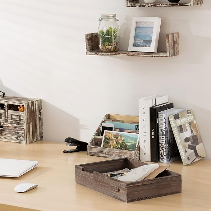 MyGift® Distressed Brown Vintage Wood Paper Tray, Office Desktop Document - Image 5