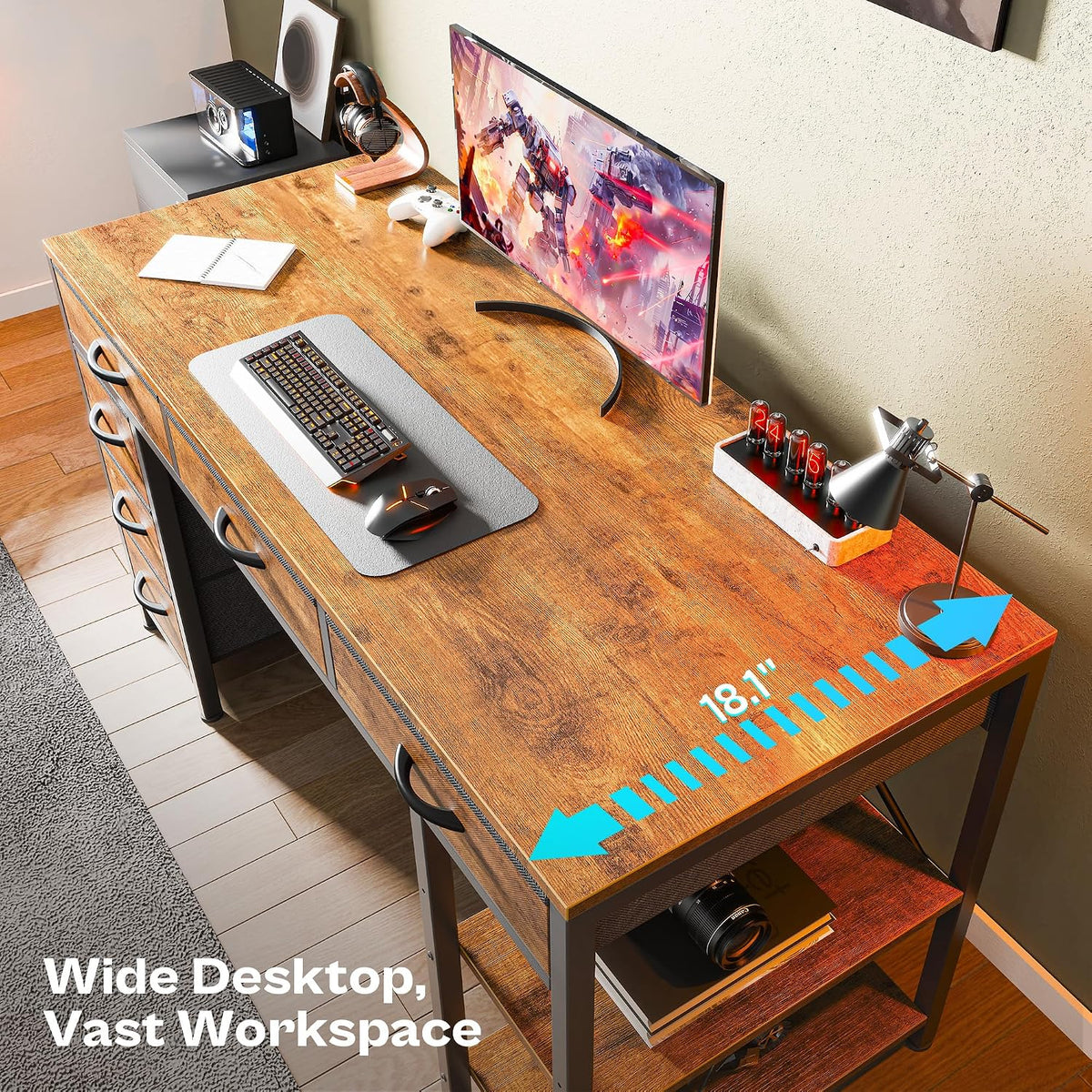Huuger Computer Desk with 6 Drawers, Office Desk with Shelves, Reversible Gam...