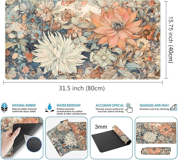 Retro Japanese Floral Mouse Pad Boho Desk Mat Aesthetic Flower Desk Matt - Image 3