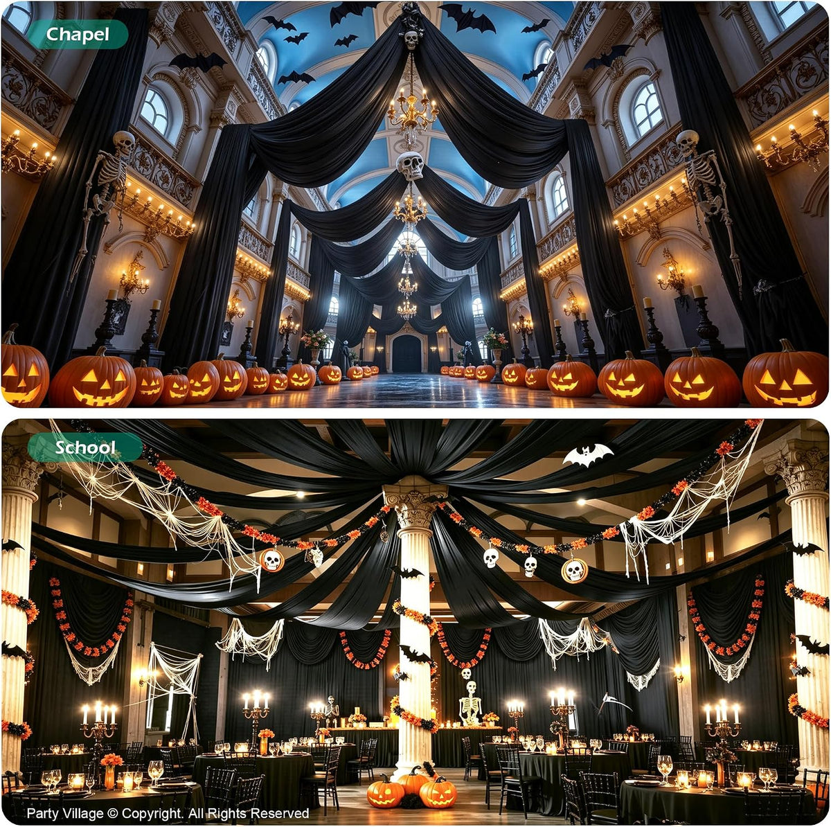 12 Panels 5ft(W) x 20ft(L) Black Ceiling Drapes for Halloween Parties