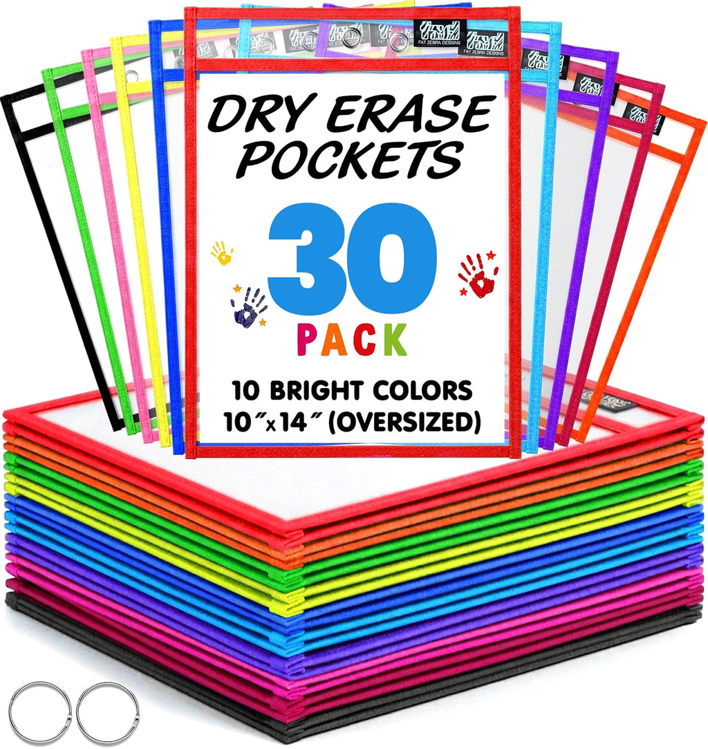 30 Packs Reusable Dry Erase Pockets Sleeves with 2 Binder Rings - 10 Color Set - 10x14 Oversized dry erase sheet protectors with Clear Pocket Sleeves -School Supplies for Teachers classroom must haves