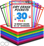 30 Packs Reusable Dry Erase Pockets Sleeves with 2 Binder Rings - 10 Color Set - 10x14 Oversized dry erase sheet protectors with Clear Pocket Sleeves -School Supplies for Teachers classroom must haves