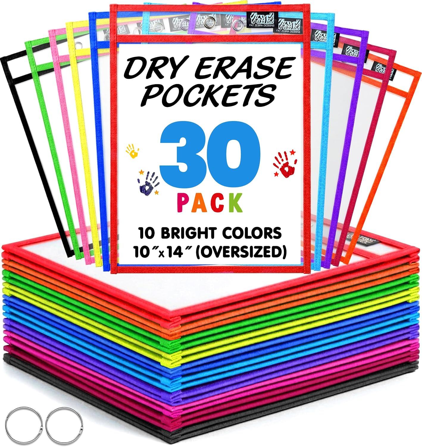30 Packs Reusable Dry Erase Pockets Sleeves with 2 Binder Rings - 10 Color Set - 10x14 Oversized dry erase sheet protectors with Clear Pocket Sleeves -School Supplies for Teachers classroom must haves