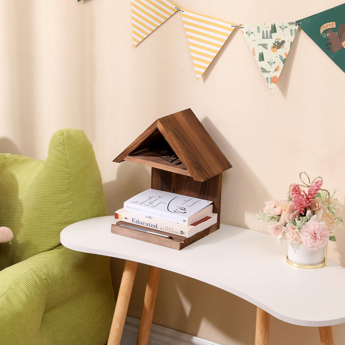 Floating Bedside Wood Bookshelf, Triangle Book Page Holder, Wooden Simple Boo...