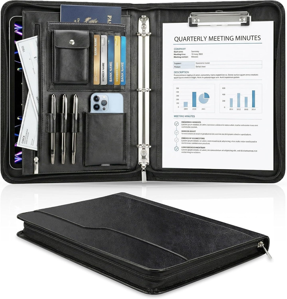 zippered padfolio with 3-ring binder & clipboard, pu, main product view