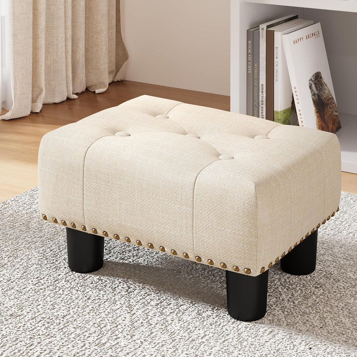 LUE BONA Small Tufted Foot Stool, Beige Linen Rivet Tufted Footrest with Plas...