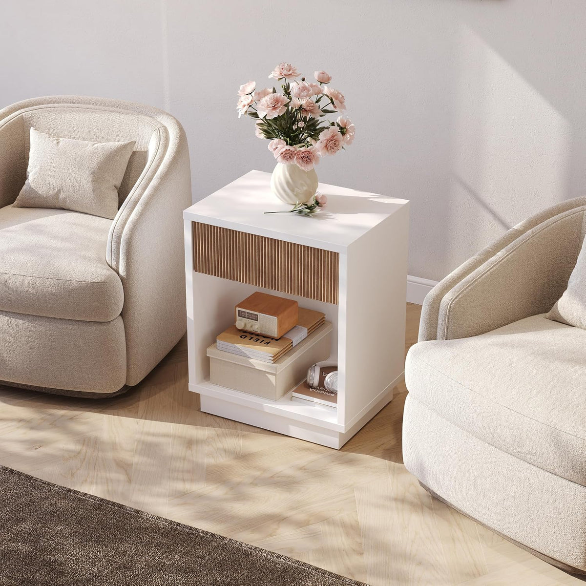Nightstands Set of 2, Fluted Wooden Bed Side End Table