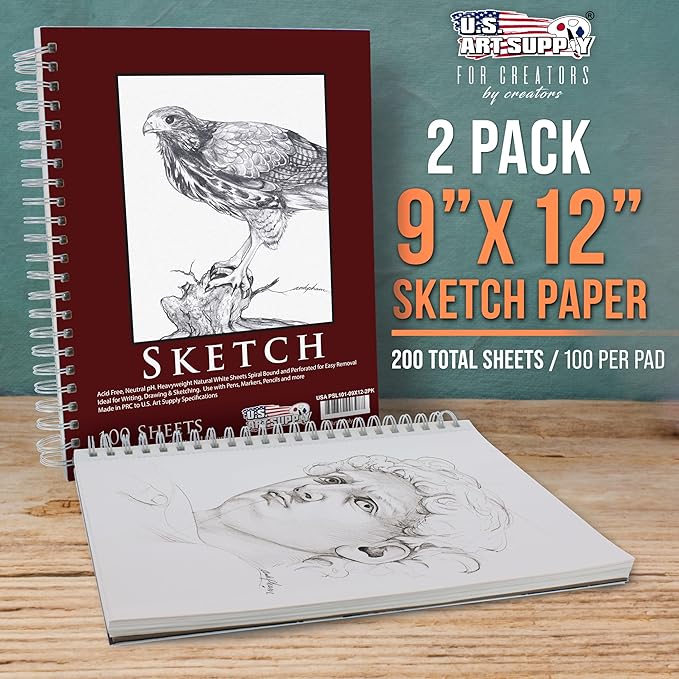 U.S. Art Supply 9"x12" Sketch Book Pad, 2 Pack, 60lb Spiral Bound - Image 2