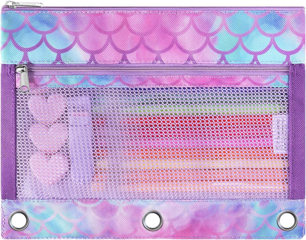 WAWSAM Mermaid Pencil Pouch for 3 Ring Binder, Zipper Pencil Pouch for Girl | 2 Pocket Clear Window Pencil Case, 3 Ring Pencil Pouch for School Supplies, Pencil Bags for Office College