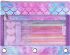WAWSAM Mermaid Pencil Pouch for 3 Ring Binder, Zipper Pencil Pouch for Girl | 2 Pocket Clear Window Pencil Case, 3 Ring Pencil Pouch for School Supplies, Pencil Bags for Office College