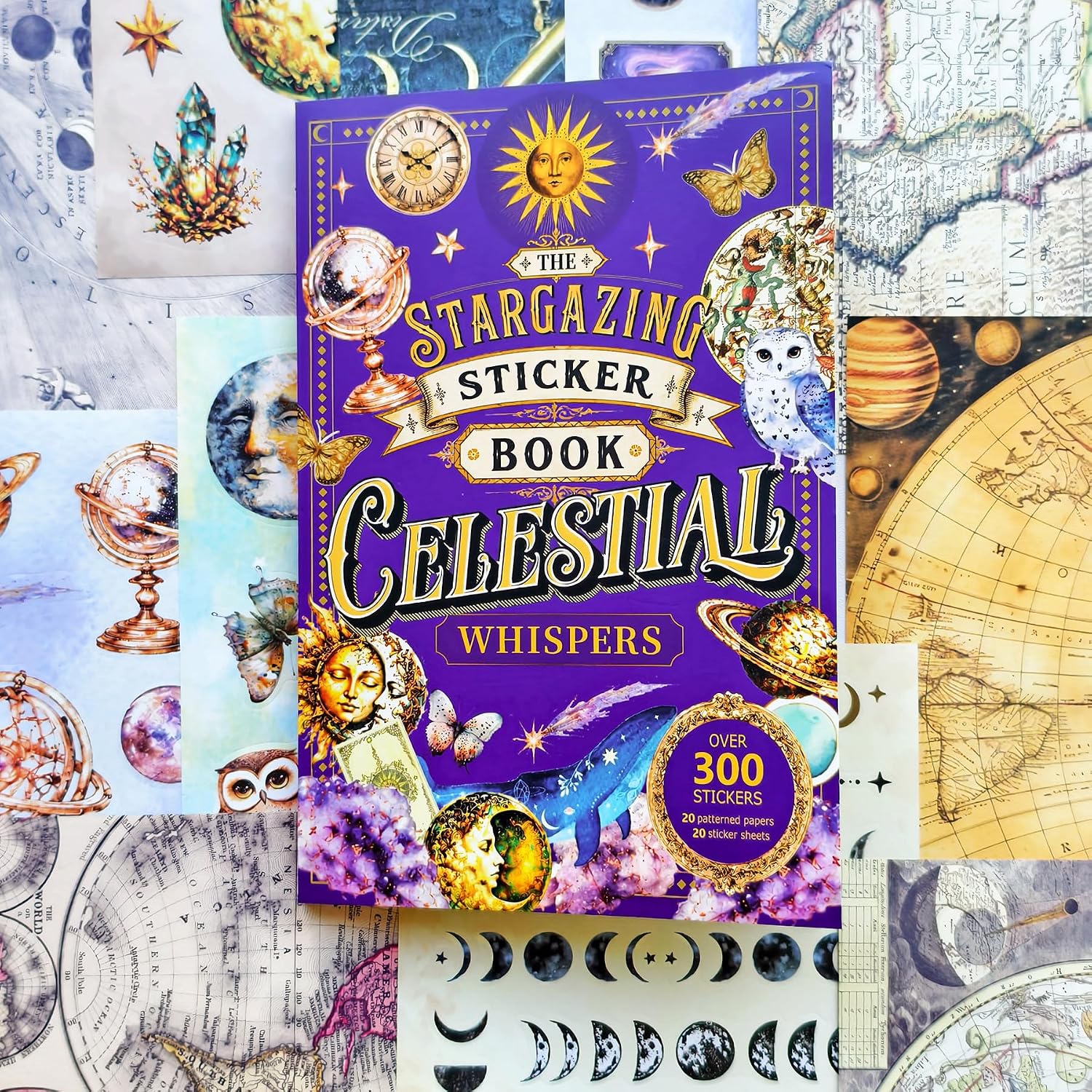 PRSTINCOL Vintage Astrology Sticker Book with Celestial Papers, 40 Pages | 40 Pages Including 20 Sticker Sheets and 20 Vintage Ephemera Papers Featuring Zodiac, Celestial Maps and Astronomy Designs