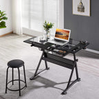 Yaheetech Adjustable Drafting Table & Stool, Tilting Glass Art Desk, Black | Tempered glass top tilts 0-40 degrees for drawing or tracing on a sturdy iron frame, with 2 mesh drawers for craft supplies.
