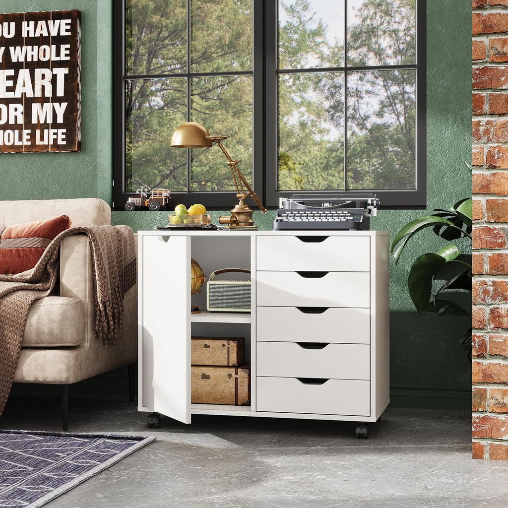 devaise 5-drawer wood drawer cabinet, office storage cabinet shown in use
