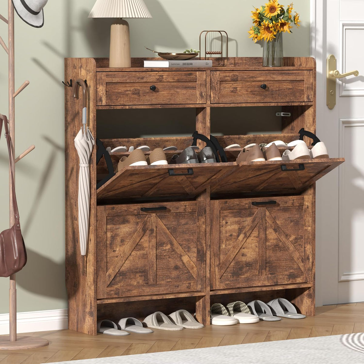 Thacuok Shoe Cabinet with 4 Flip Drawers & 2 Storage Drawers, Rustic Farm...