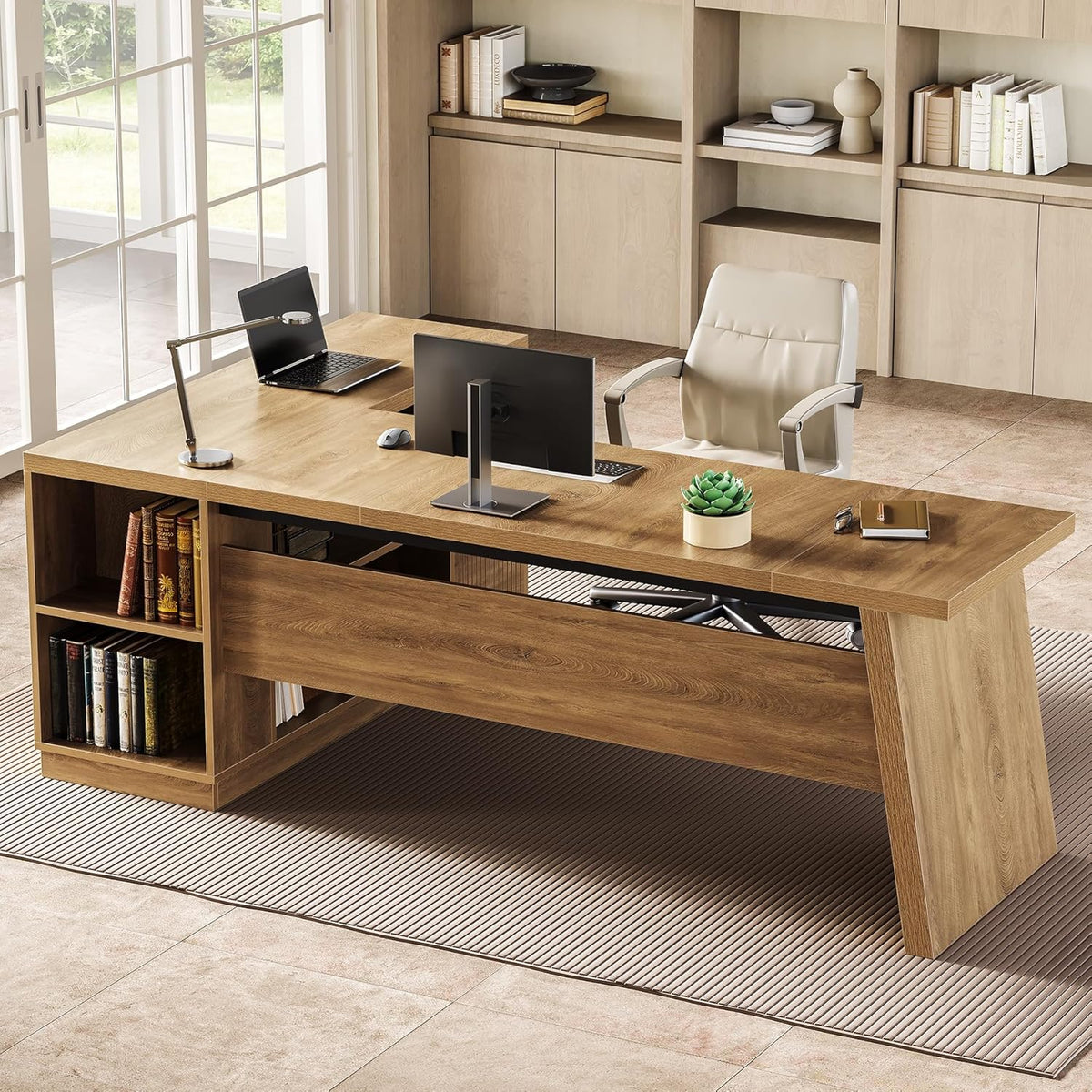 LITTLE TREE 78-Inch L-Shaped Executive Desk, Modern Desk with Drawers & F...