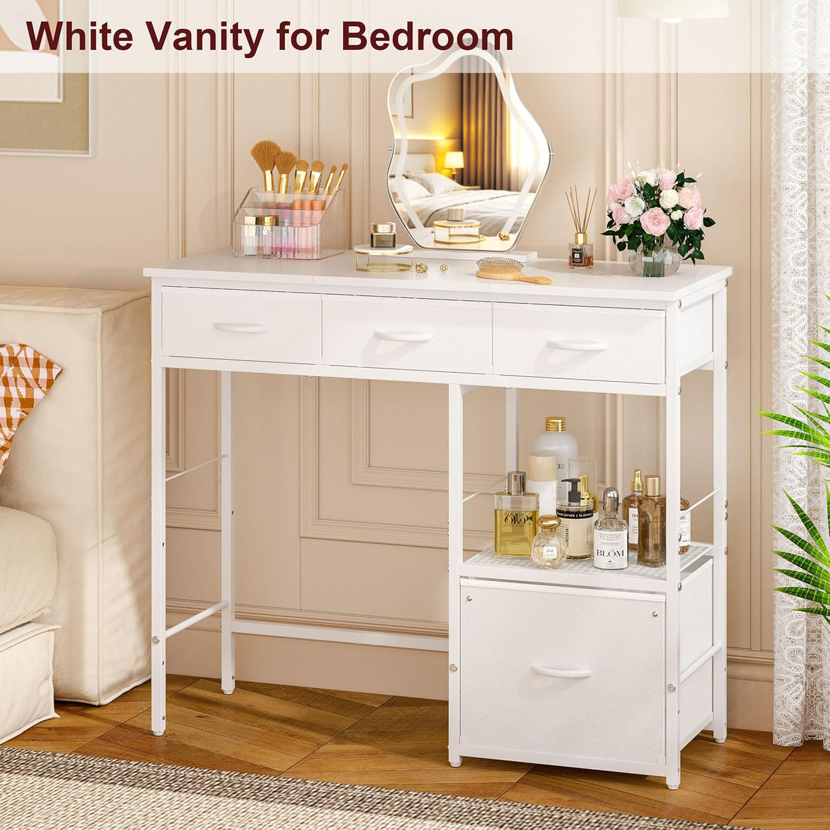 White Desk with File Drawers Cabinet, Small Writing Desk with Storage Shelf