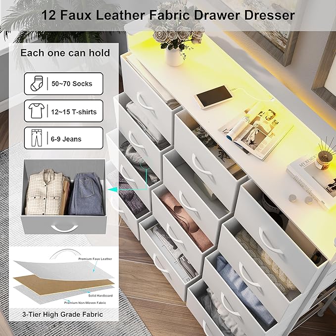 Welfuturer White Dresser with LED Lights and Charging Station - Image 6