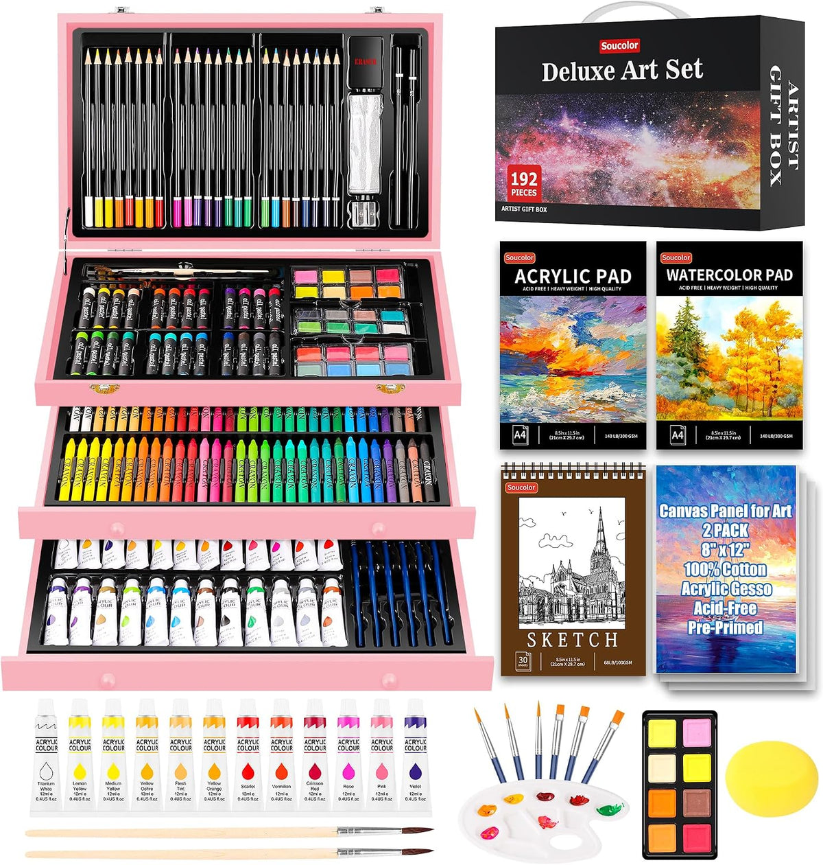 soucolor 192-pack deluxe art supplies,drawing painting sets,teen girl, main product view