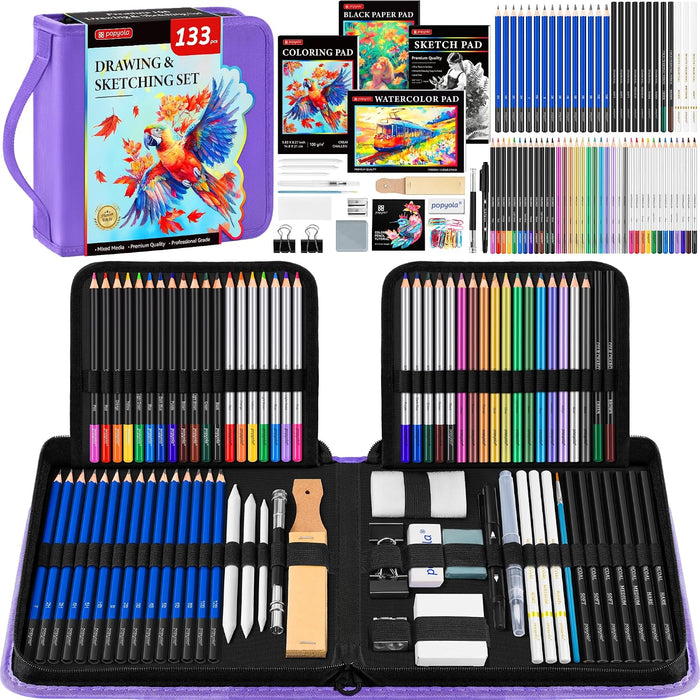133 Pack Drawing Set Sketching Kit, Pro Art Supplies Sketch Pencils Set