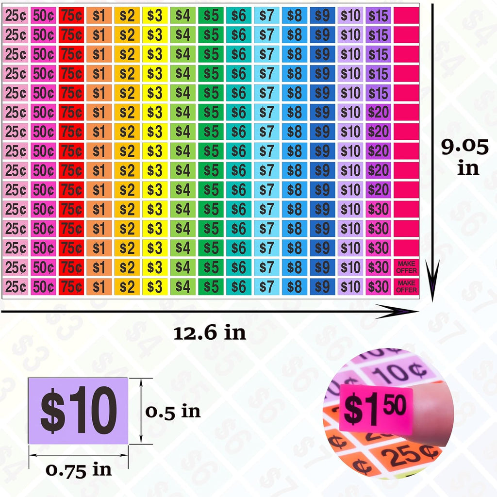 YSHIHE Garage Sale Price Stickers,2250 Pcs Preprinted Removable Labels | 1/2" x 3/4" Rectangle Bright Neon Colors Pre-Priced Price Tag Labels for Yard Sale and Flea Market