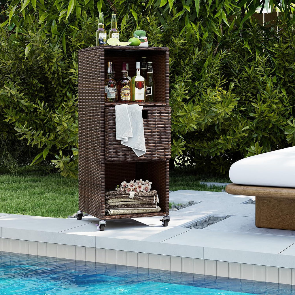 tangkula rattan outdoor storage cabinet with 4 wheels shown in use