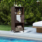 tangkula rattan outdoor storage cabinet with 4 wheels shown in use