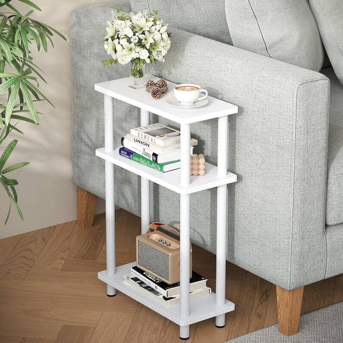 Apicizon Small Narrow Side Table, 3-Tier Skinny End Table, White