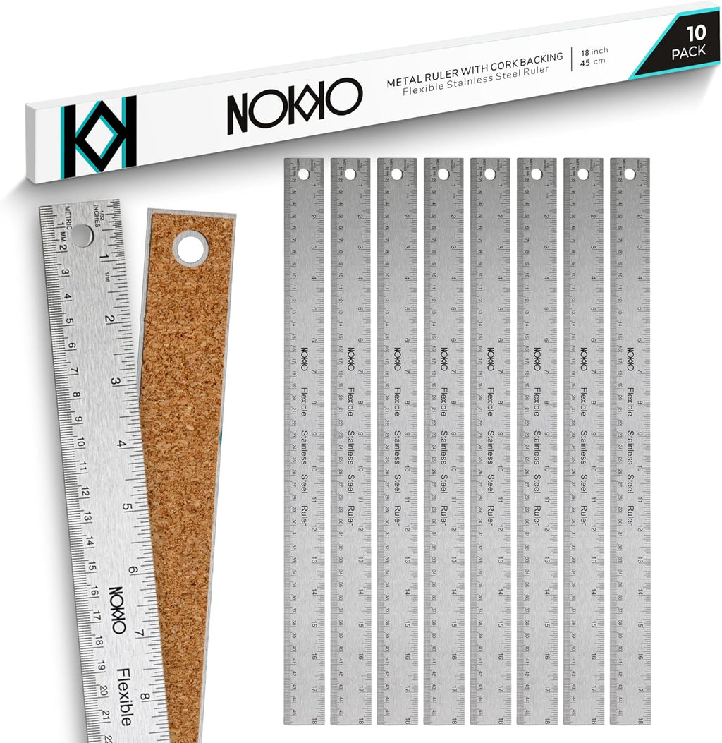 NOKKO 18 Inch Metal Ruler with Cork Backing, Non-Slip Backing