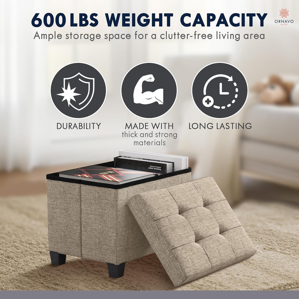 Ornavo Home Small Rectangle Storage Ottoman with Legs, 12x16x12, Tan/Taupe