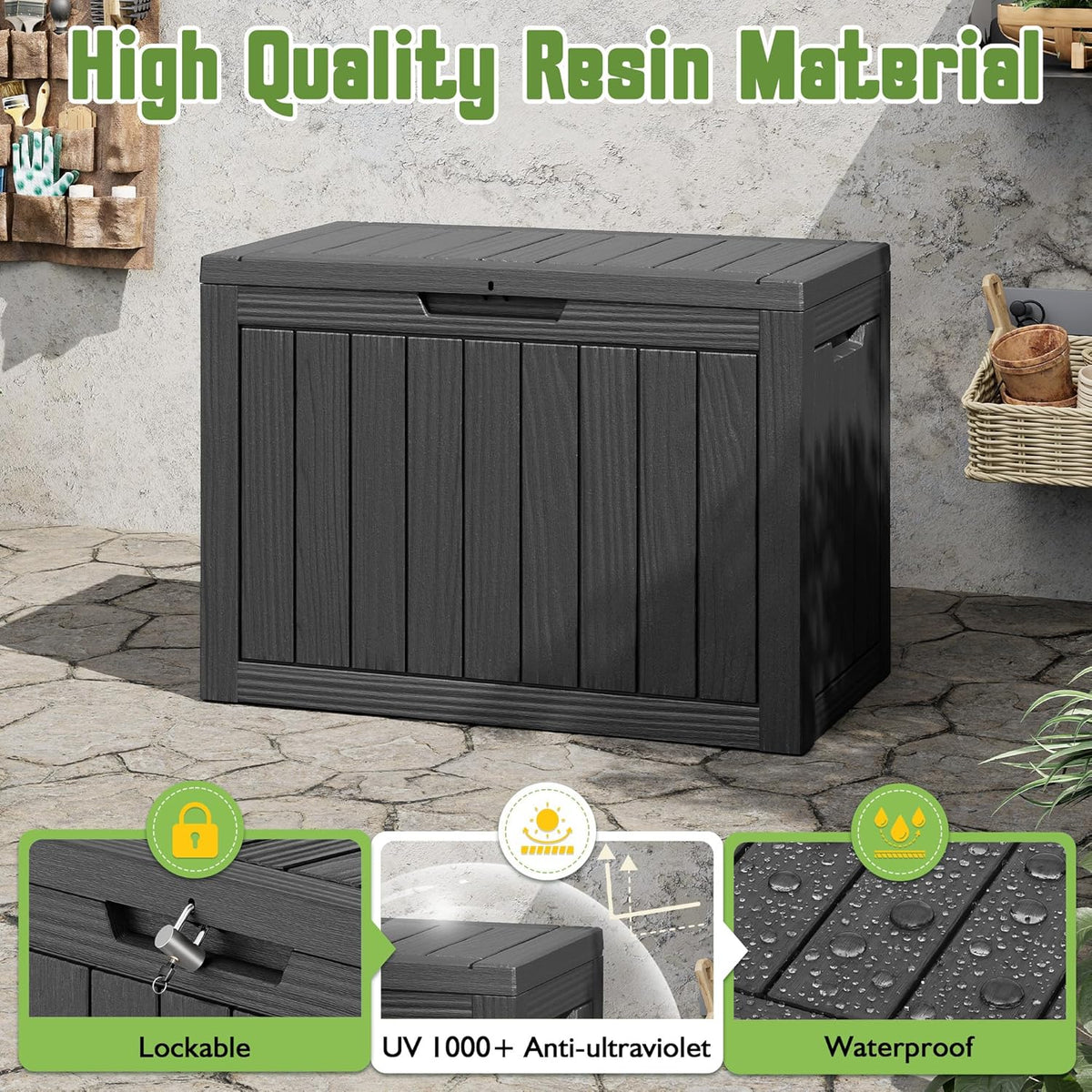 Outdoor Storage Waterproof Deck Box for Patio (50 Gallon, Black)