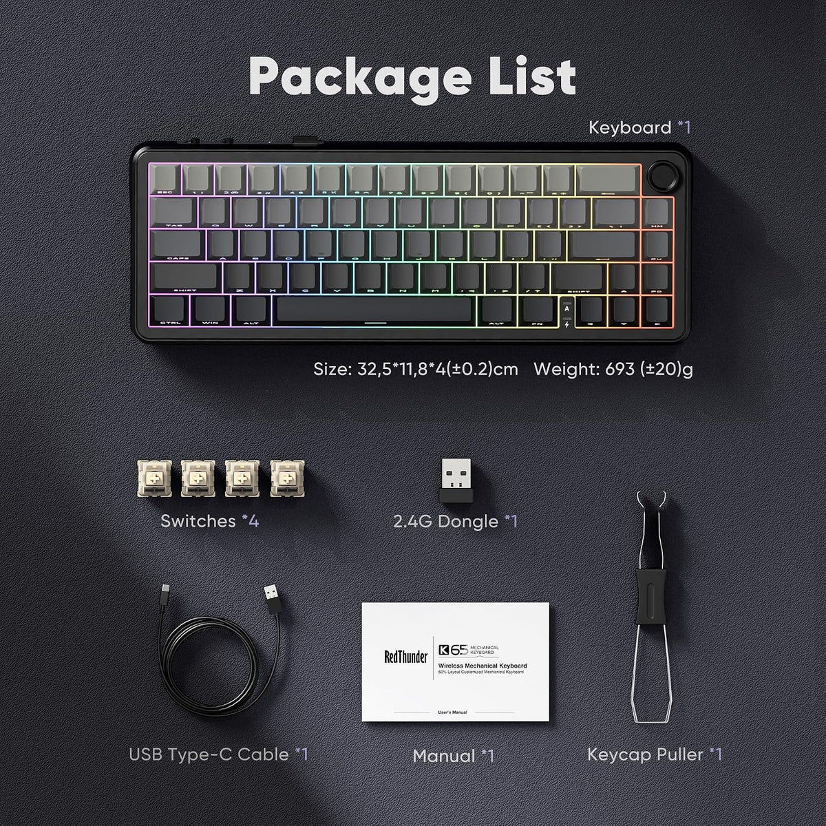 RedThunder K65 Wireless Mechanical Gaming Keyboard, Trip-Modes Connection, Ga...