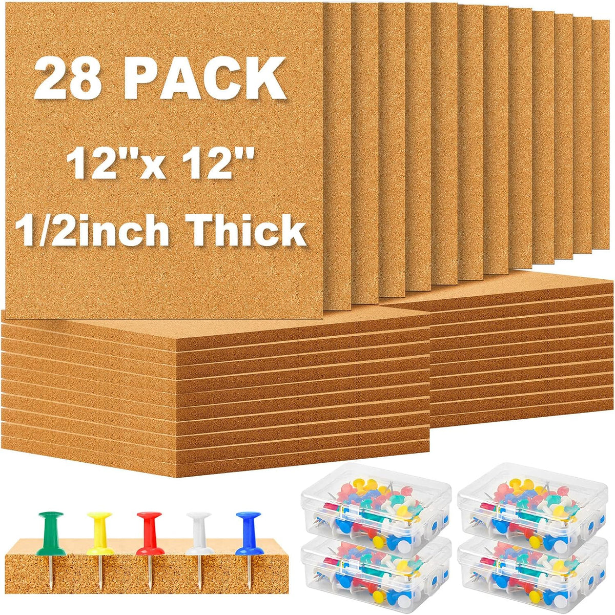 Reginary 28 Pcs Self Adhesive Cork Board Tiles Bulk Square with Pins