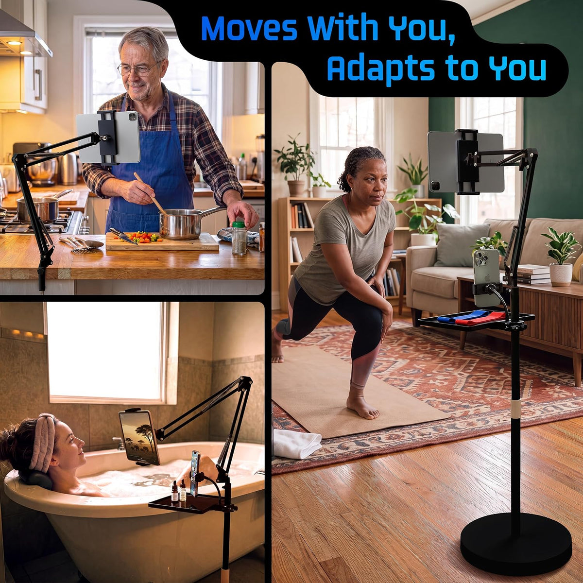 Tablet Floor Stand, 12lb Weighted Base, Tray & Phone Holder, Black