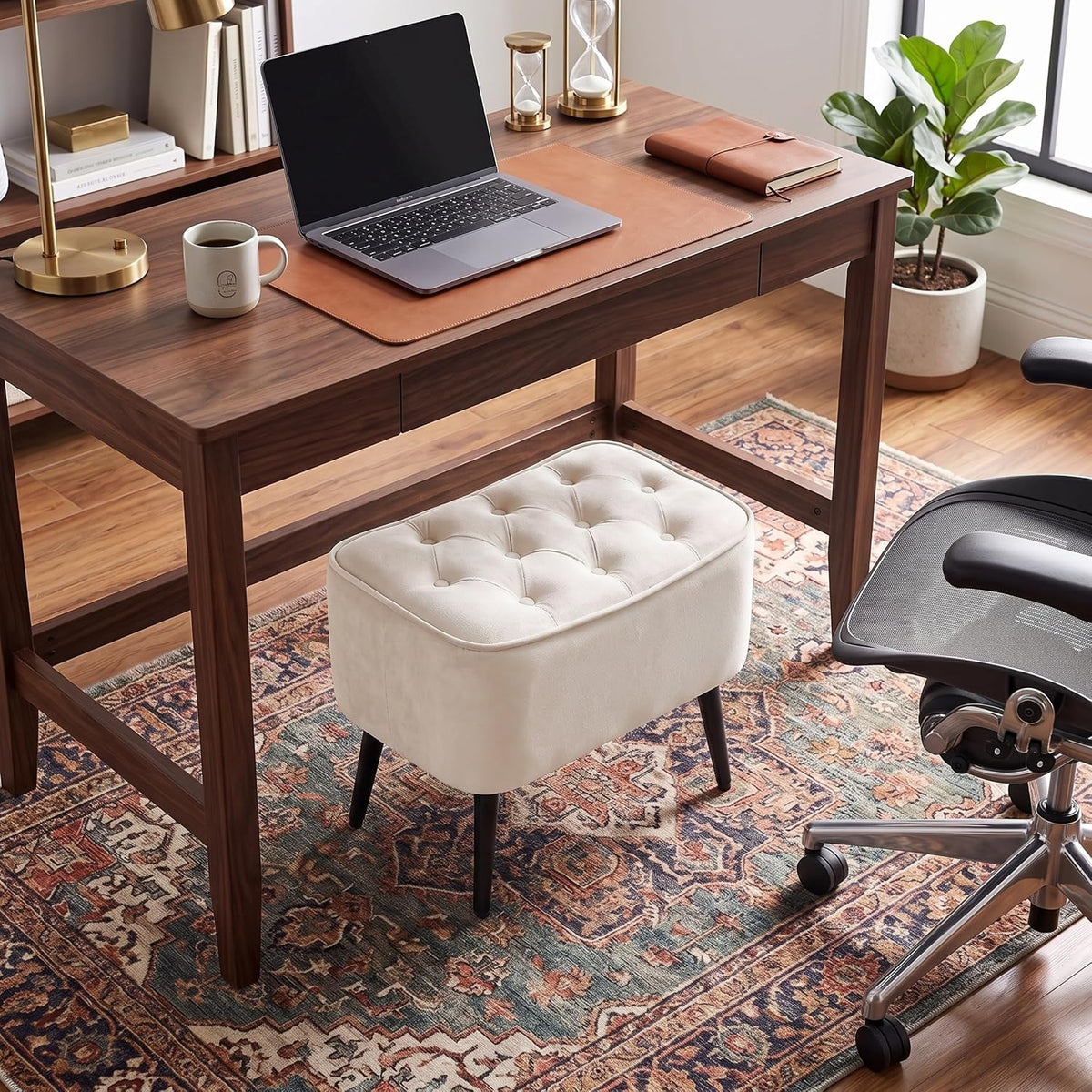 BIRDROCK HOME Tufted Curve Ottoman Velvet Foot Stool - Modern Upholstered Pad...