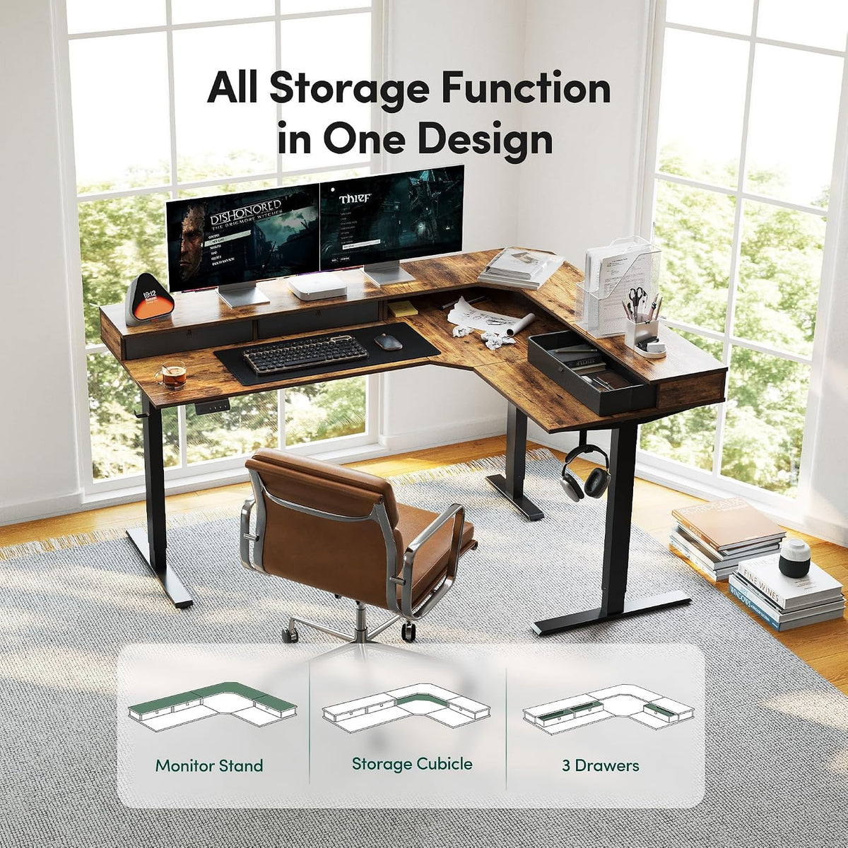CubiCubi 63"x48" L Shaped Standing Desk with Drawers & Shelf, R...
