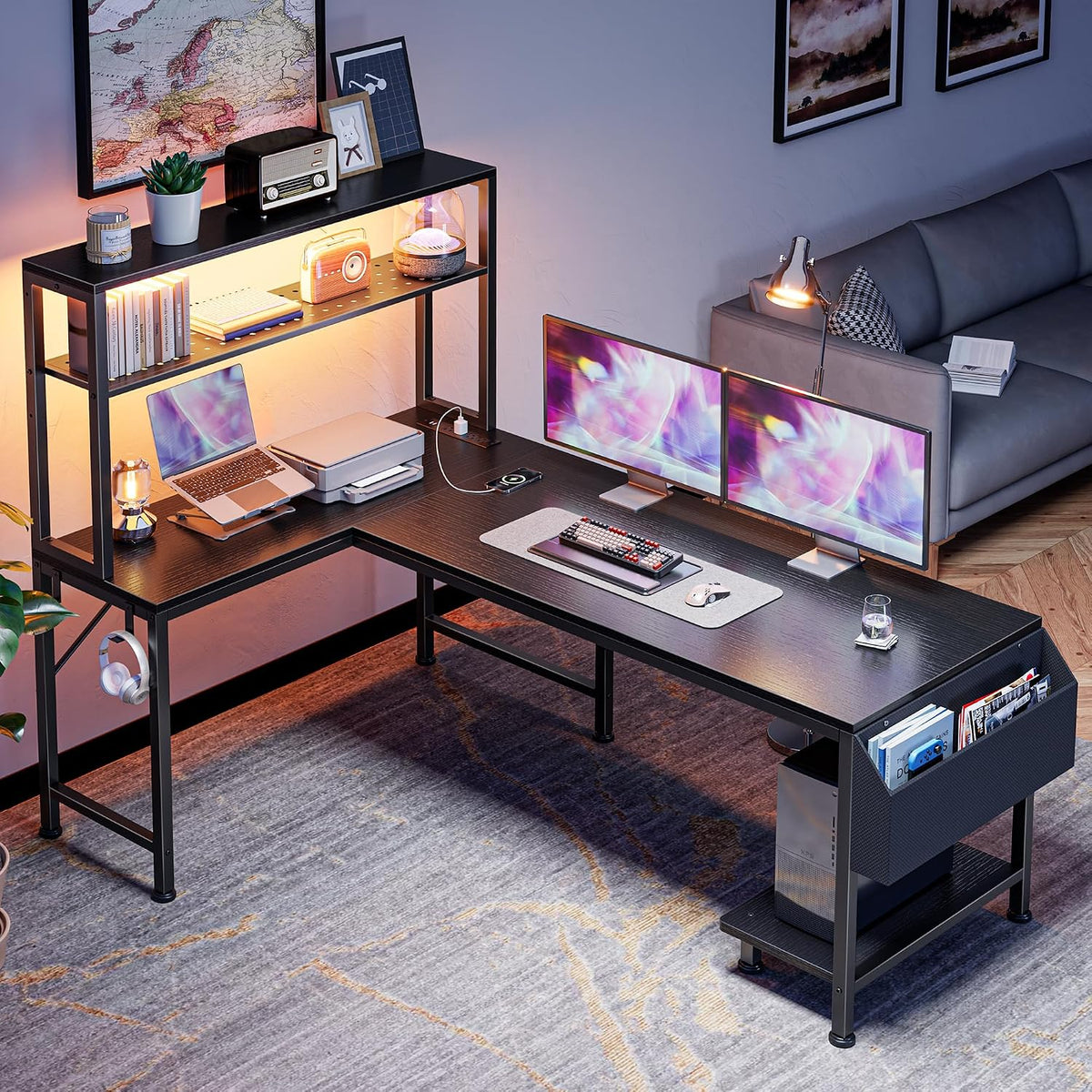 PRAISUN L Shaped Gaming Desk with LED Lights & Power Outlets