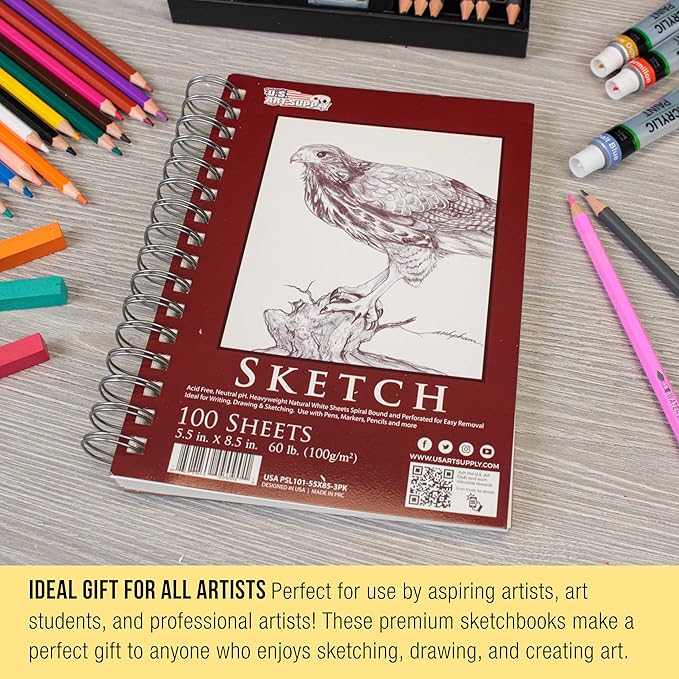 U.S. Art Supply 5.5"x8.5" Sketch Book Pad, 3 Pack, 60lb Spiral Bound - Image 6