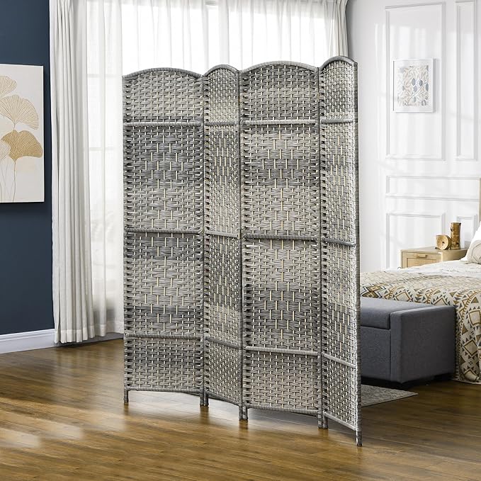 HOMCOM 4 Panel Room Divider, Hand-Woven Freestanding Wood Partition - Image 2