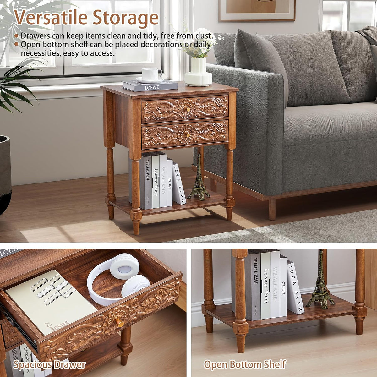 Nightstand, Farmhouse Bedside Table with 2 Drawers and Open Shelf