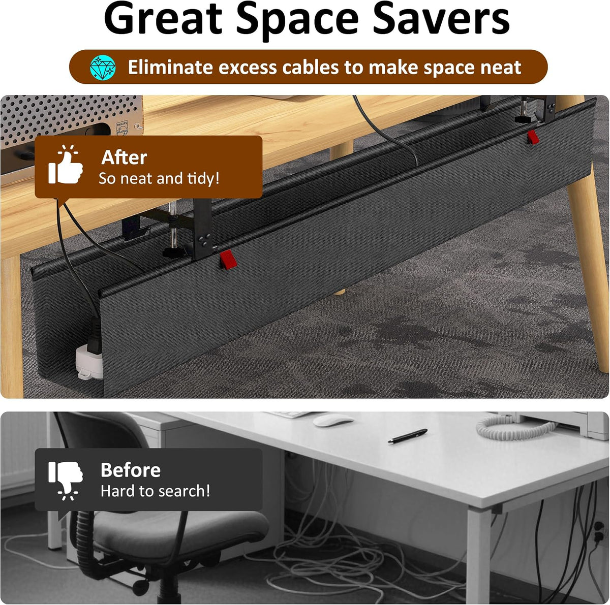 48" Gaming Under Desk Cable Management Tray, Black No Drill Cord Organiz...