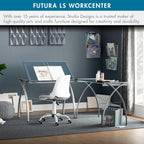 SD STUDIO DESIGNS Futura LS WorkCenter with Tilt Top Adjustable Drafting Table Craft Table Drawing Desk Hobby Table Writing Desk Studio Desk, Silver / Blue Glass