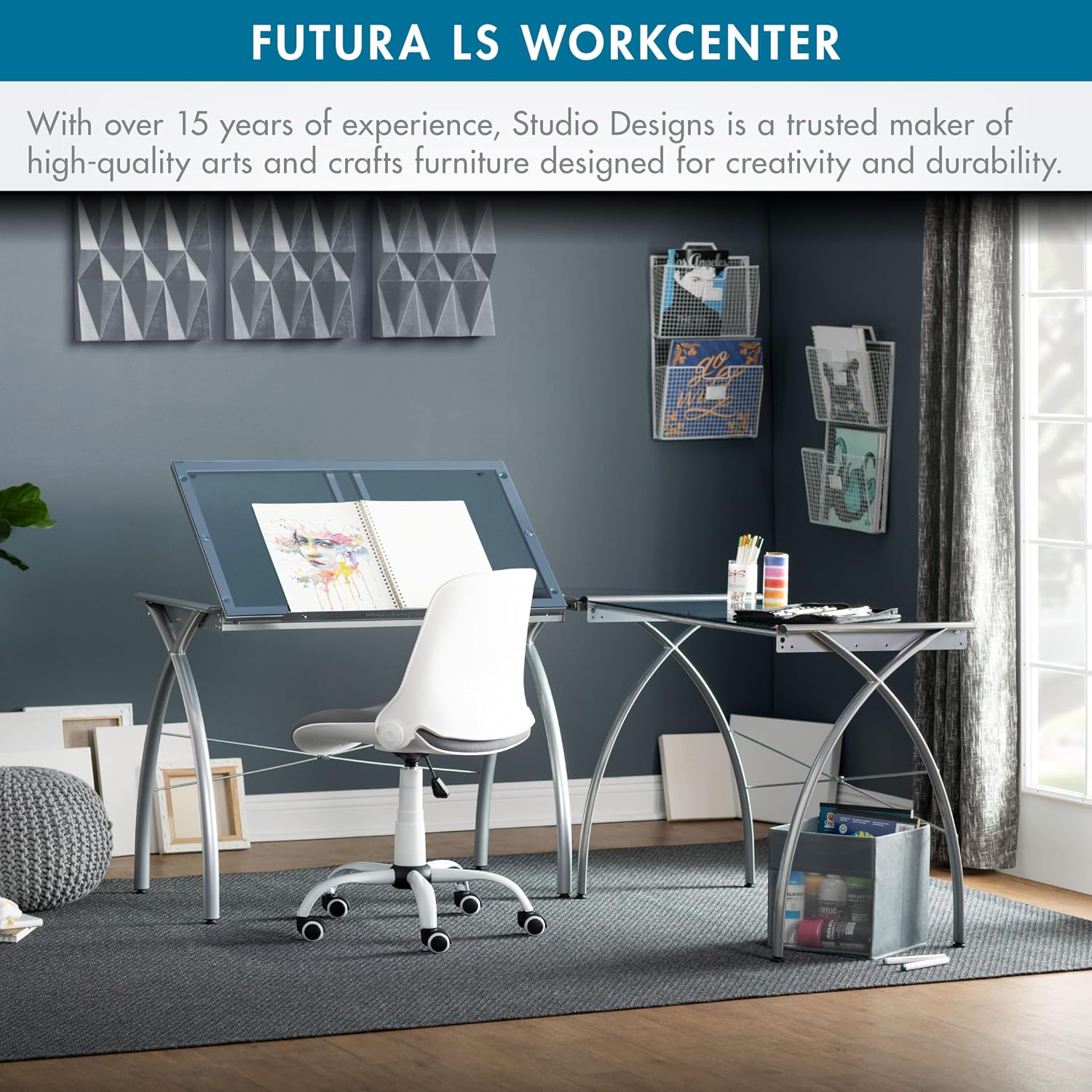 SD STUDIO DESIGNS Futura LS WorkCenter with Tilt Top Adjustable Drafting Table Craft Table Drawing Desk Hobby Table Writing Desk Studio Desk, Silver / Blue Glass
