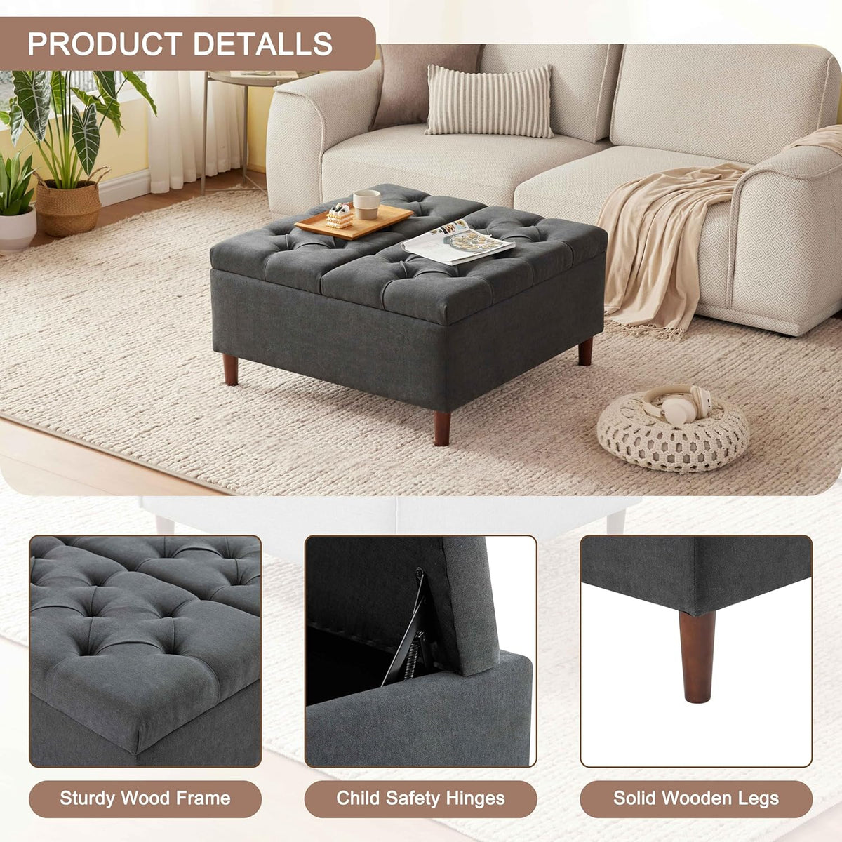 Weture 35" Large Storage Ottoman Coffee Table, Square Ottoman, Dark Grey