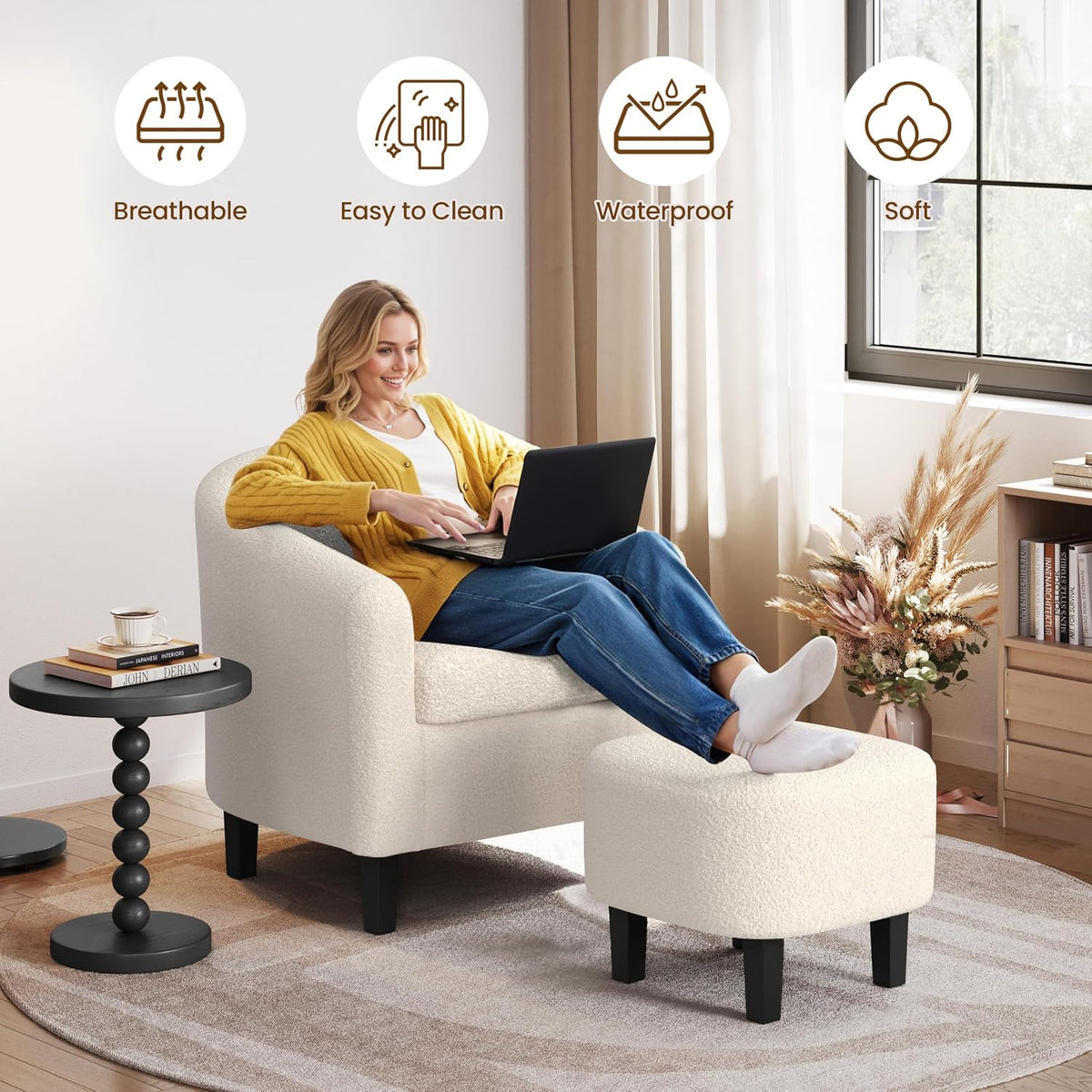 Yaheetech Accent Chairs with Ottoman Set of 2, Boucle Fabric, Ivory