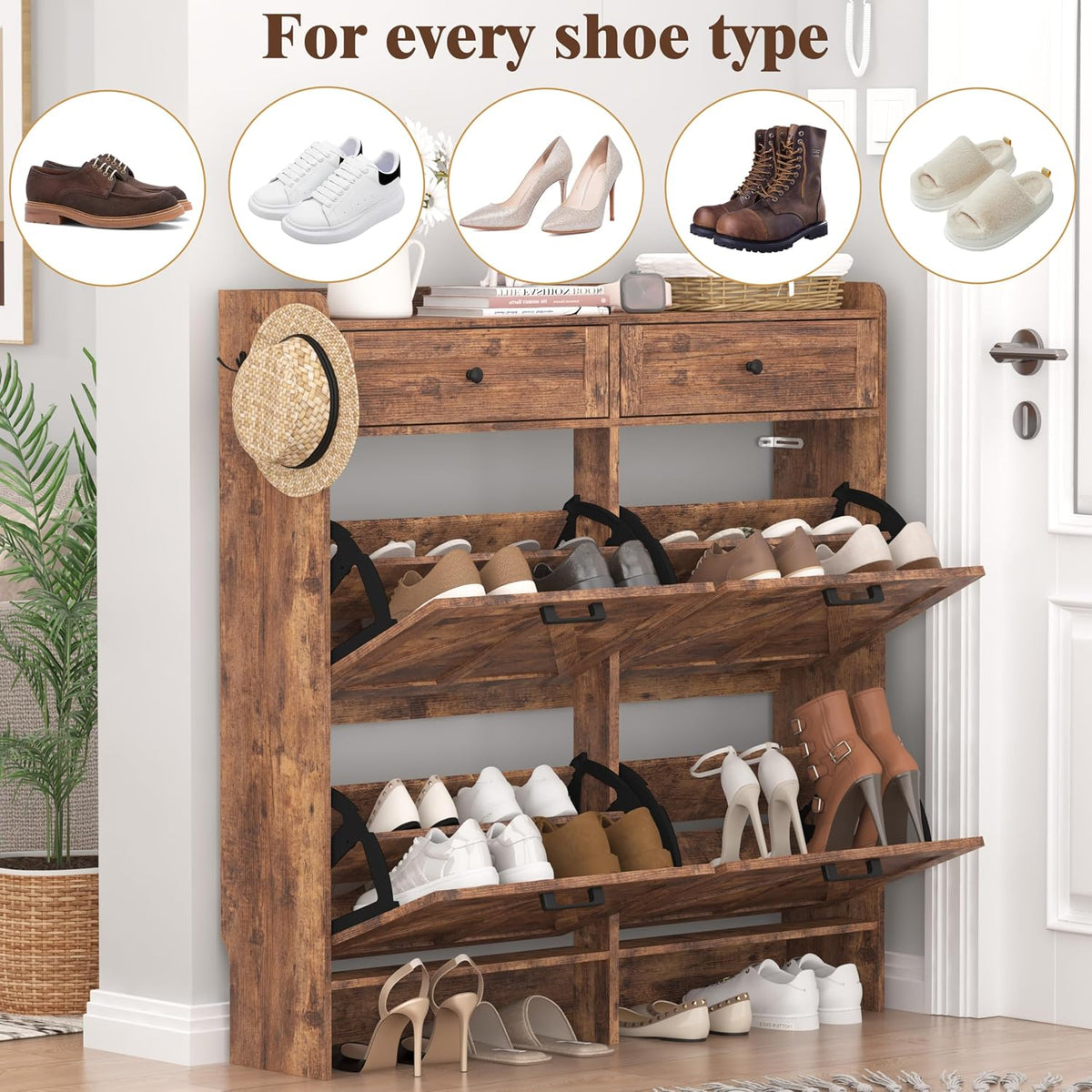 Thacuok Shoe Cabinet with 4 Flip Drawers & 2 Storage Drawers, Rustic Farm...