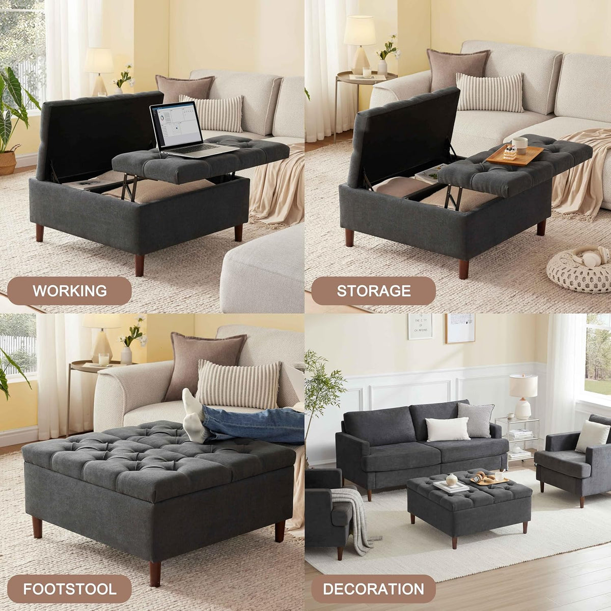 Weture 35" Large Storage Ottoman Coffee Table, Square Ottoman, Dark Grey