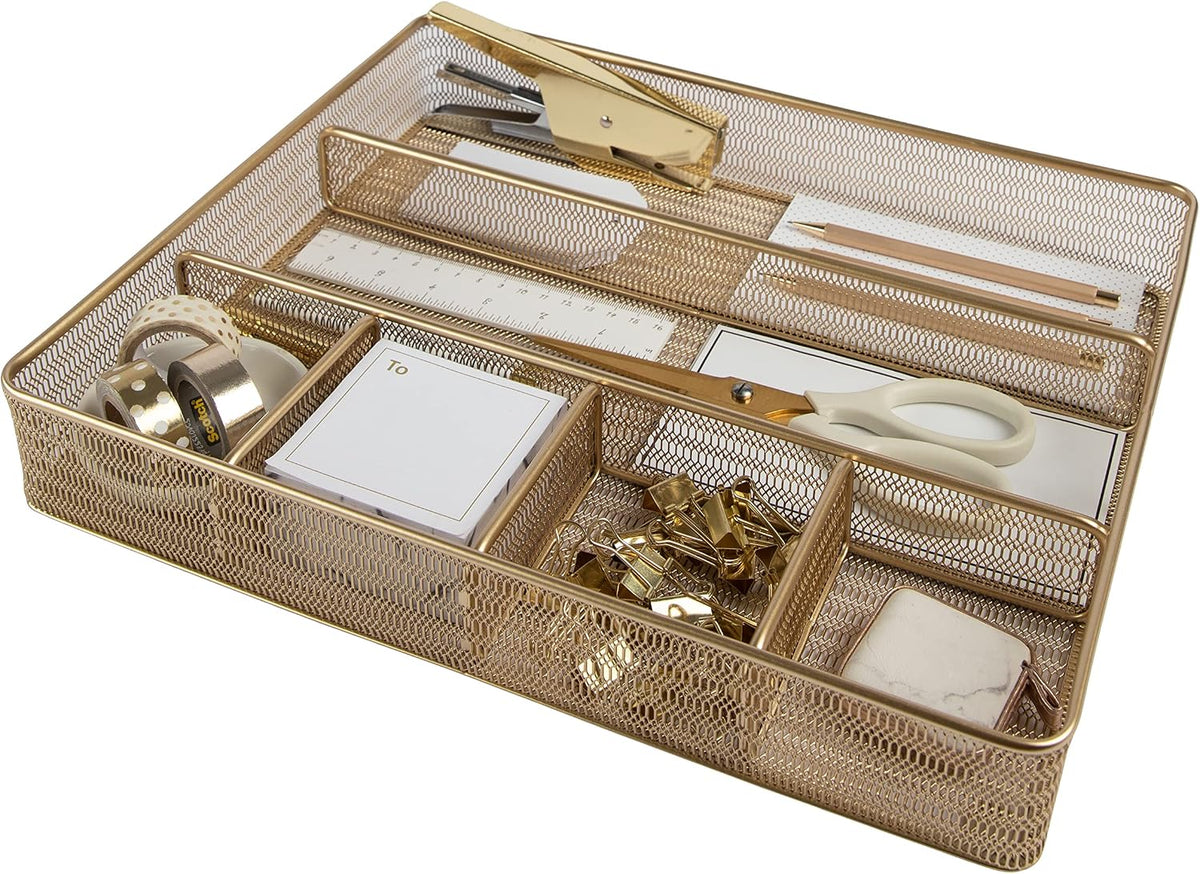 BLU MONACO | Gold Desk Drawer Organizer Tray with 6 Compartments | Metal Mesh...