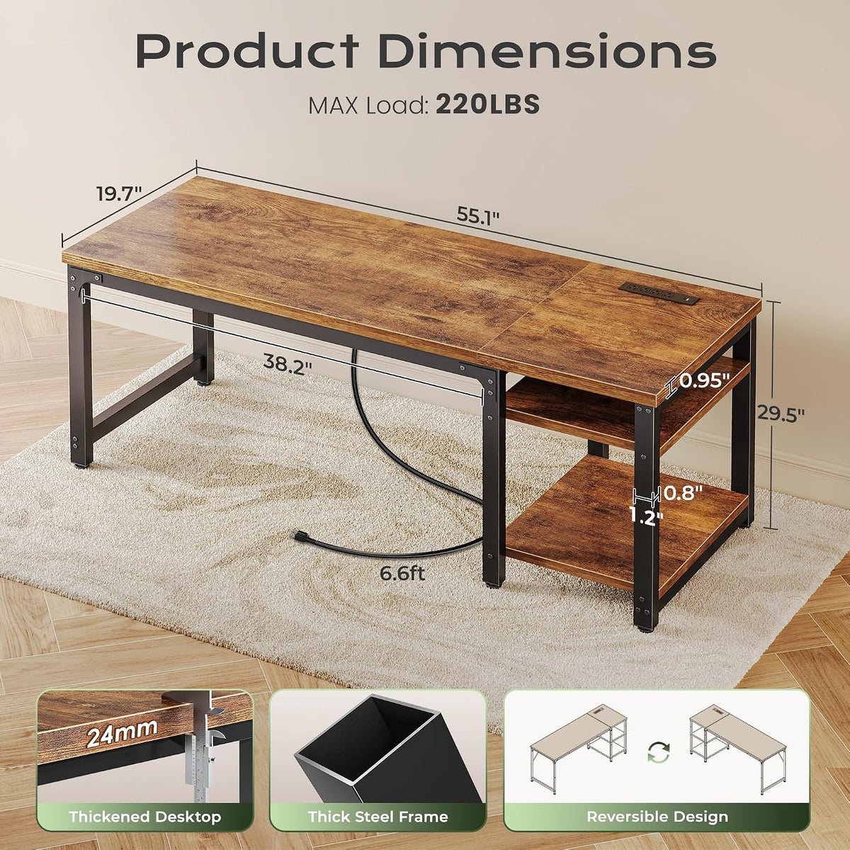 Huuger 55'' x 19.7'' Computer Desk with Power Outlets, 0.95&#...